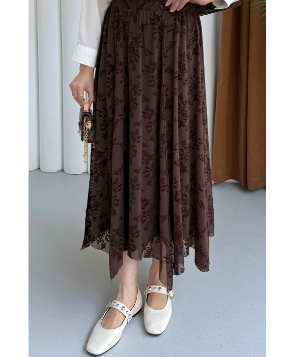 Güpür Detaylı Asimetrik Kesim Tül Etek - Kahverengi