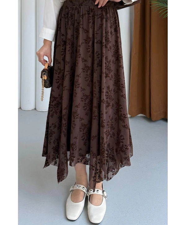 Güpür Detaylı Asimetrik Kesim Tül Etek - Kahverengi