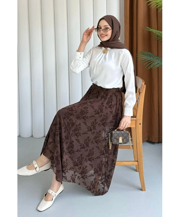 Güpür Detaylı Asimetrik Kesim Tül Etek - Kahverengi