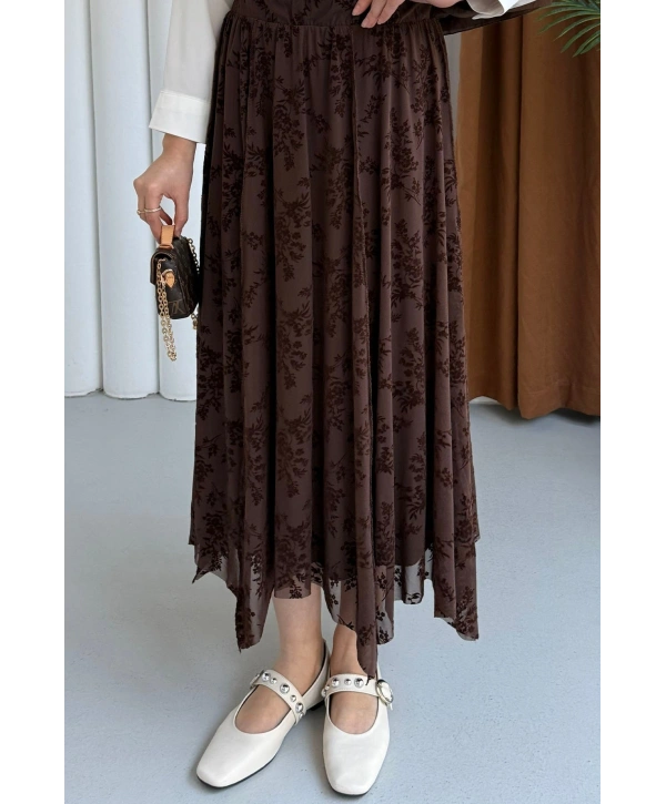 Güpür Detaylı Asimetrik Kesim Tül Etek - Kahverengi