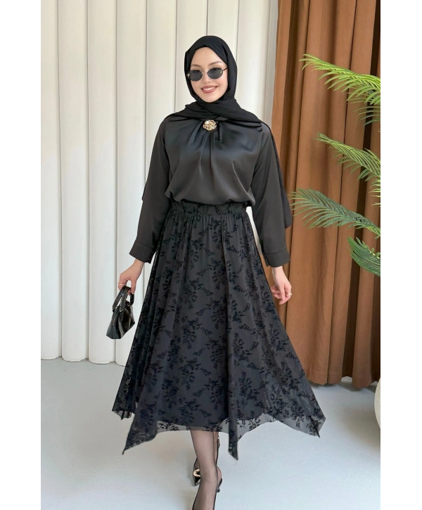 Güpür Detaylı Asimetrik Kesim Tül Etek - Siyah