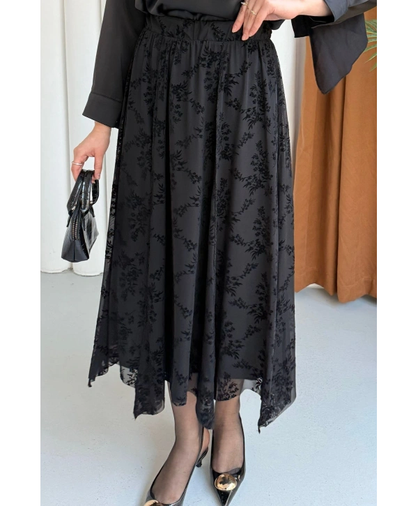 Güpür Detaylı Asimetrik Kesim Tül Etek - Siyah
