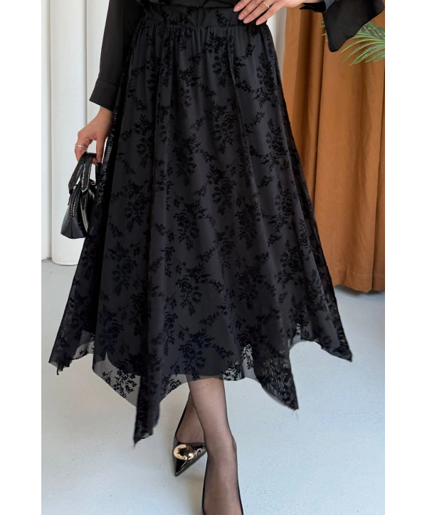Güpür Detaylı Asimetrik Kesim Tül Etek - Siyah