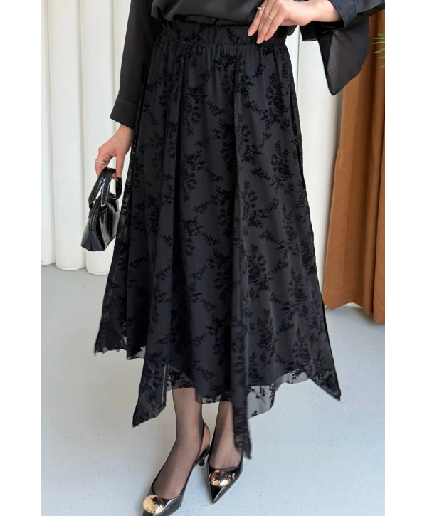 Güpür Detaylı Asimetrik Kesim Tül Etek - Siyah