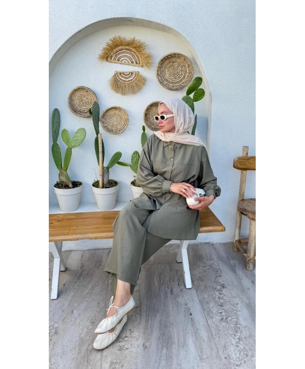 Çilek Kumaş Pantolonlu Takım - Yeşil