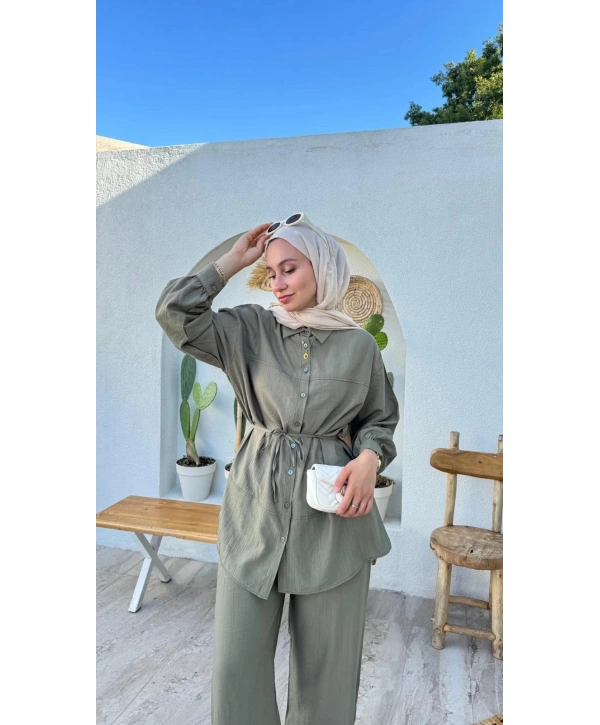 Çilek Kumaş Pantolonlu Takım - Yeşil