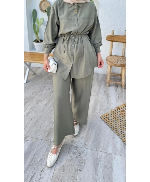 Çilek Kumaş Pantolonlu Takım - Yeşil