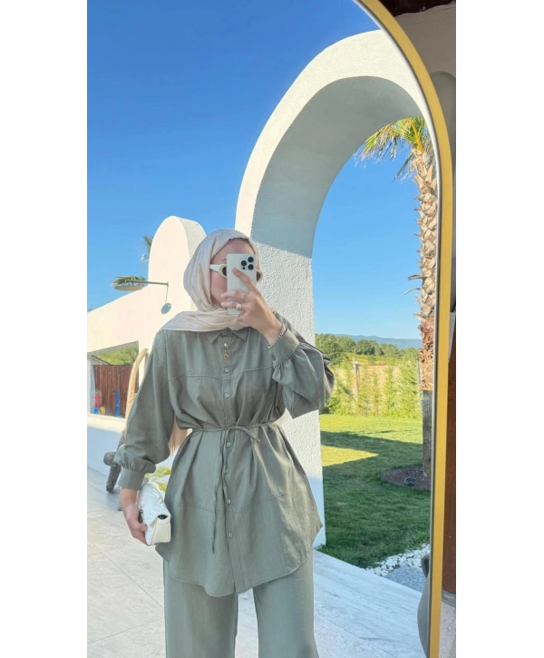 Çilek Kumaş Pantolonlu Takım - Yeşil