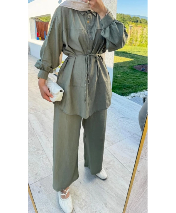 Çilek Kumaş Pantolonlu Takım - Yeşil