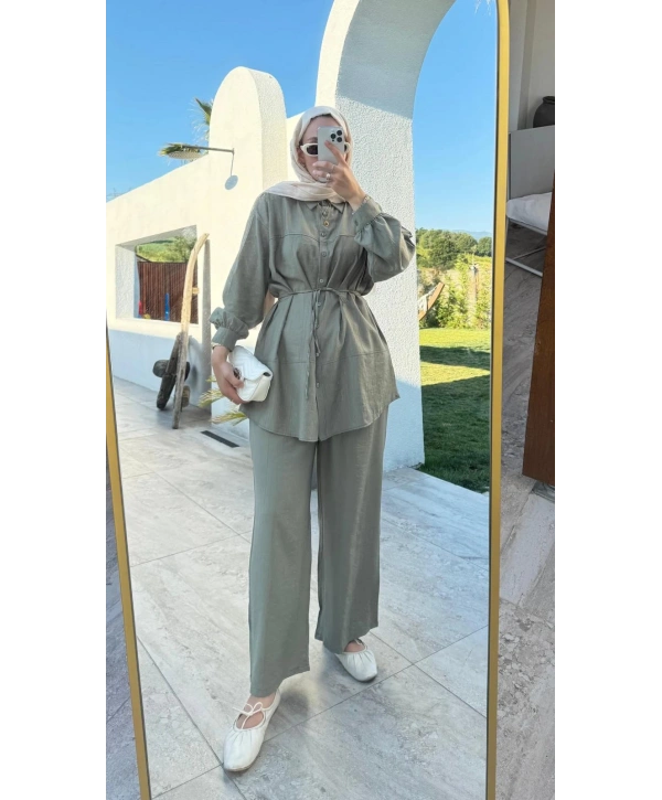 Çilek Kumaş Pantolonlu Takım - Yeşil