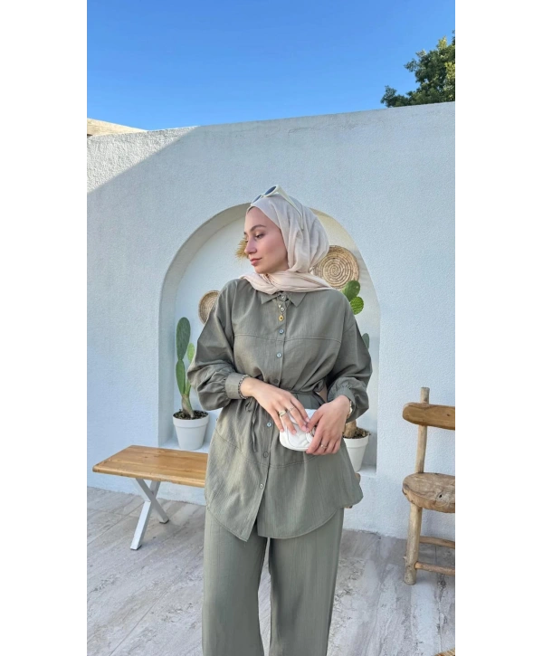 Çilek Kumaş Pantolonlu Takım - Yeşil