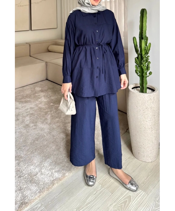 Çilek Kumaş Pantolonlu Takım - Lacivert