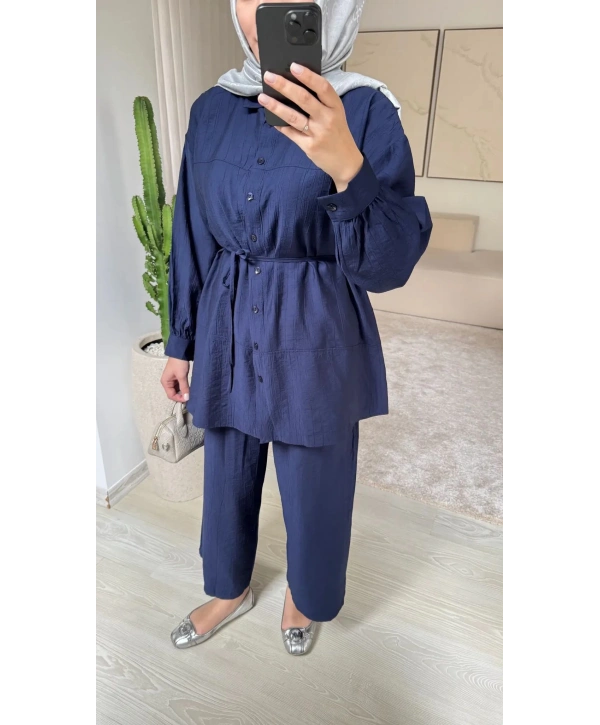 Çilek Kumaş Pantolonlu Takım - Lacivert