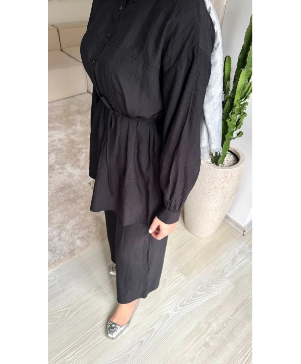 Çilek Kumaş Pantolonlu Takım - Siyah