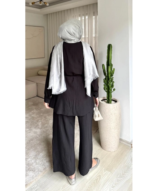 Çilek Kumaş Pantolonlu Takım - Siyah