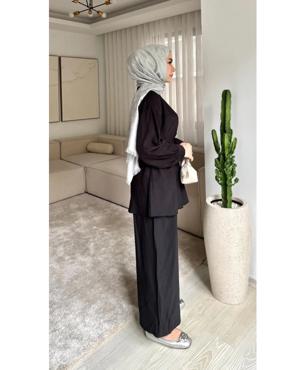 Çilek Kumaş Pantolonlu Takım - Siyah