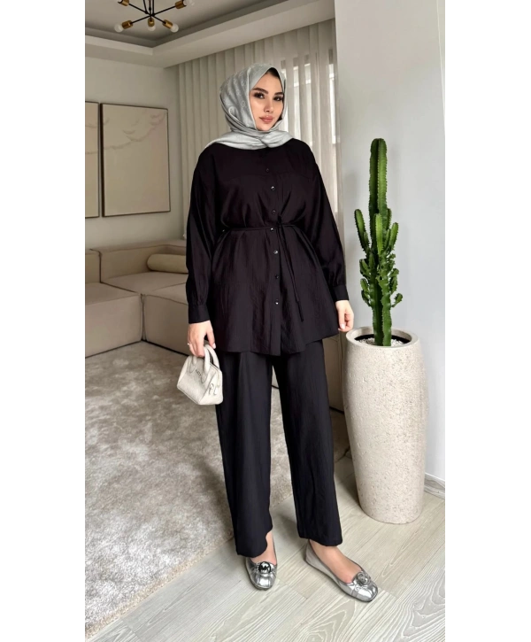 Çilek Kumaş Pantolonlu Takım - Siyah