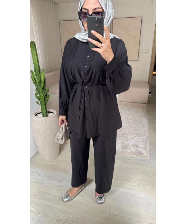 Çilek Kumaş Pantolonlu Takım - Siyah