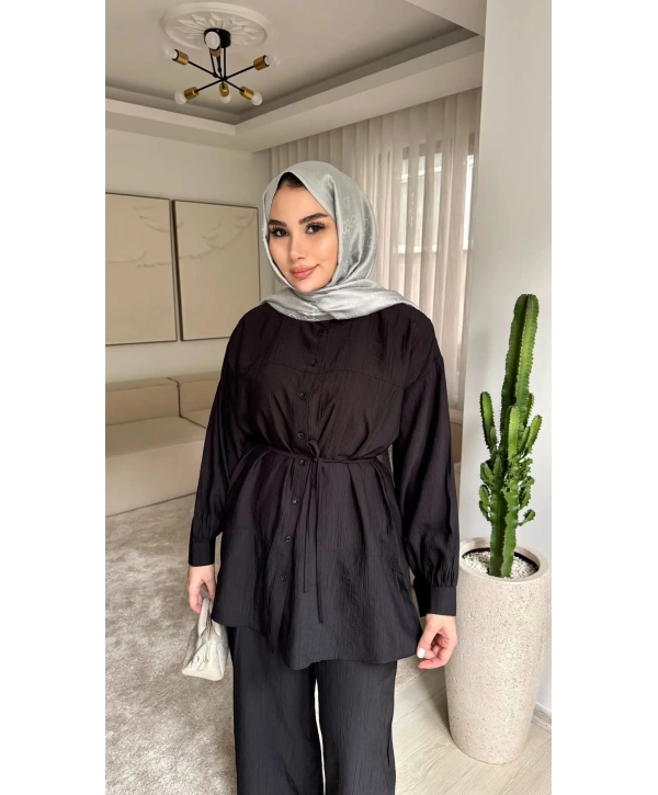 Çilek Kumaş Pantolonlu Takım - Siyah