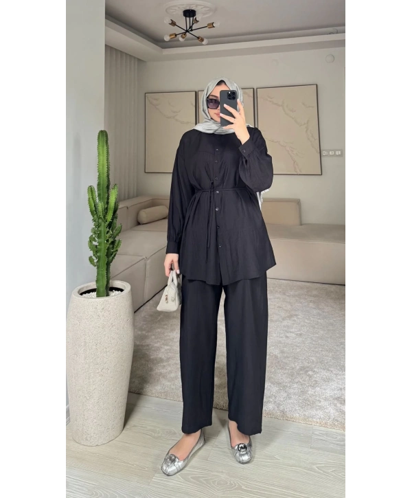 Çilek Kumaş Pantolonlu Takım - Siyah