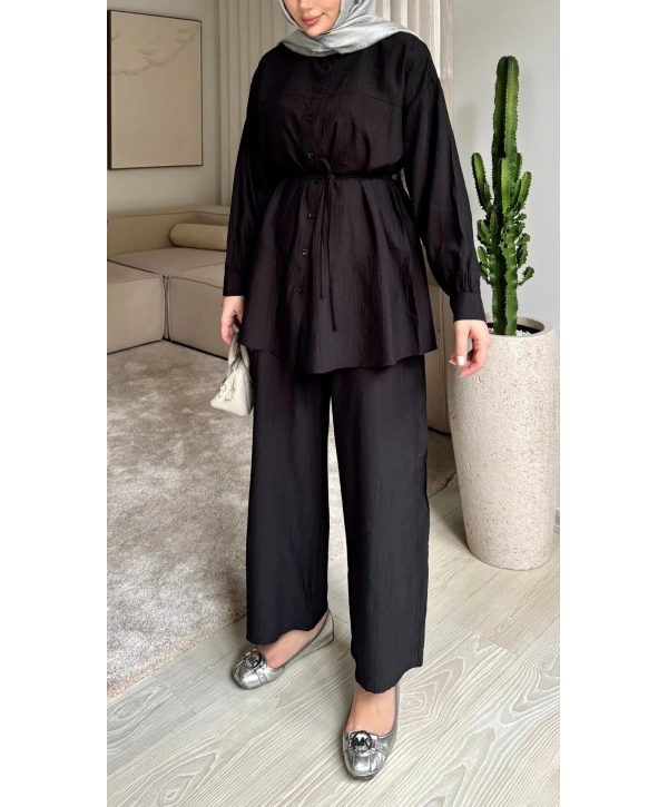 Çilek Kumaş Pantolonlu Takım - Siyah