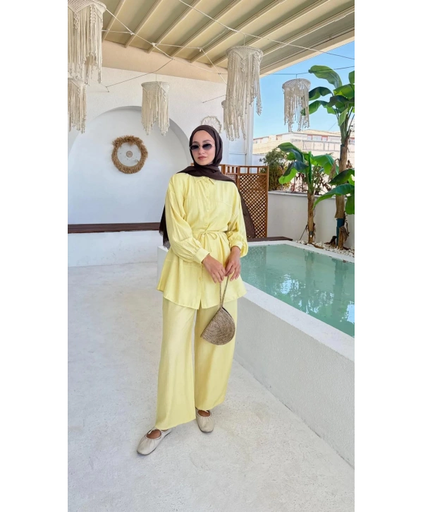 Çilek Kumaş Pantolonlu Takım - Sarı