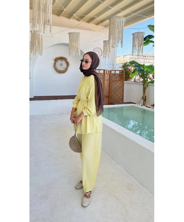 Çilek Kumaş Pantolonlu Takım - Sarı