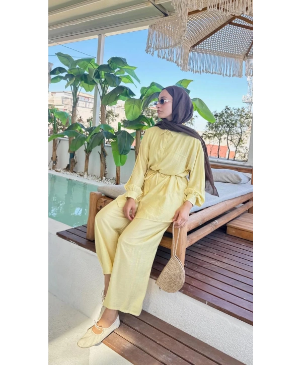 Çilek Kumaş Pantolonlu Takım - Sarı