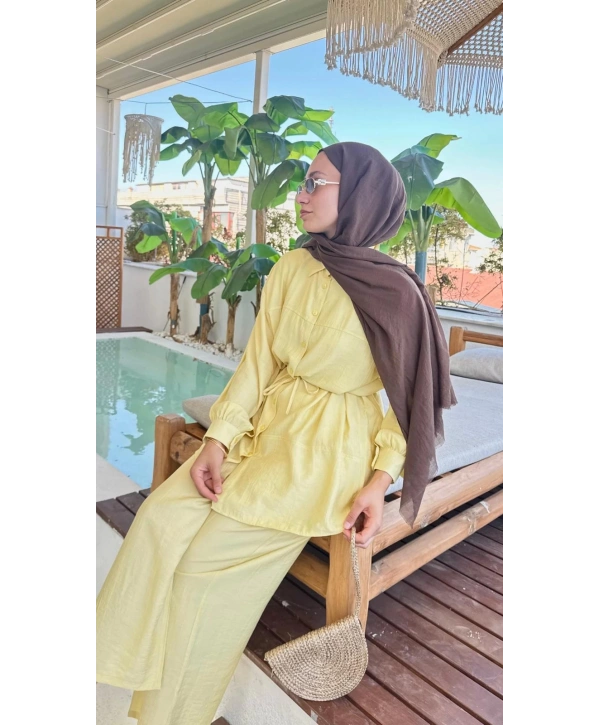 Çilek Kumaş Pantolonlu Takım - Sarı