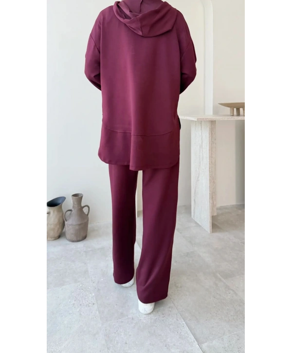 Çıtçıt Düğmeli Kapüşonlu Rahat Spor Takım - Bordo