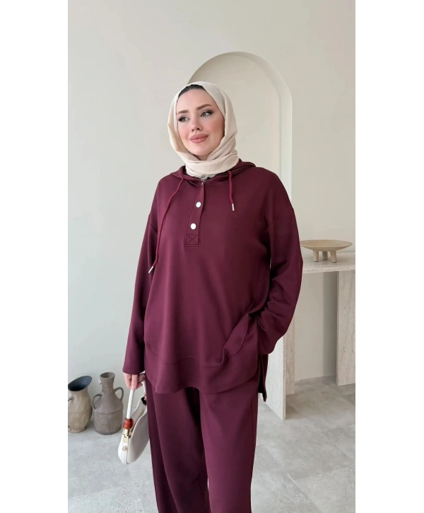 Çıtçıt Düğmeli Kapüşonlu Rahat Spor Takım - Bordo