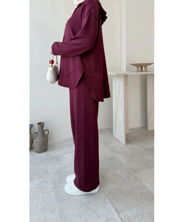 Çıtçıt Düğmeli Kapüşonlu Rahat Spor Takım - Bordo