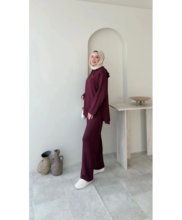 Çıtçıt Düğmeli Kapüşonlu Rahat Spor Takım - Bordo