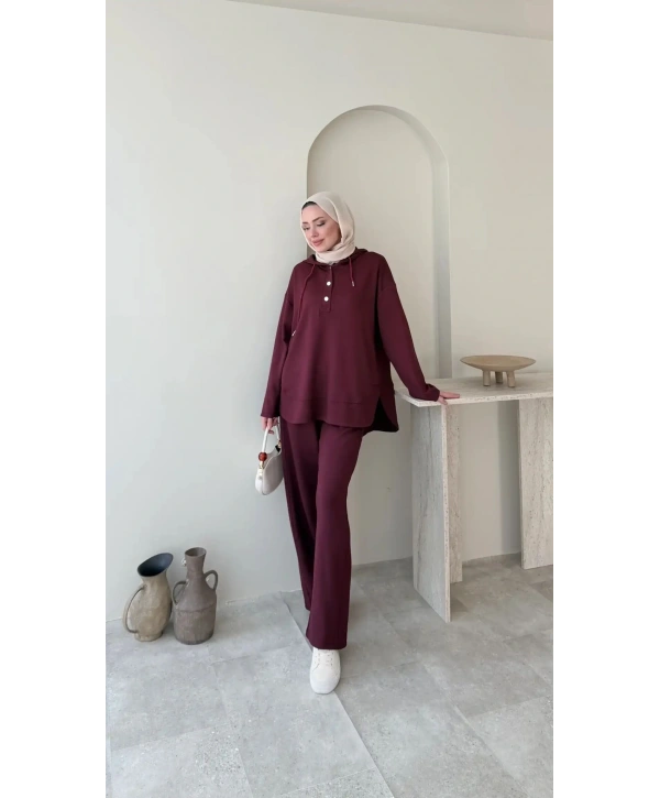 Çıtçıt Düğmeli Kapüşonlu Rahat Spor Takım - Bordo