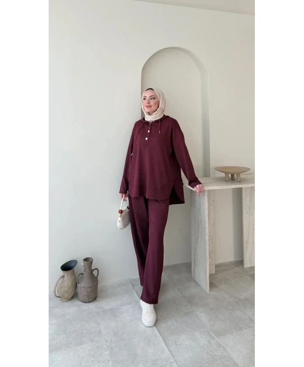 Çıtçıt Düğmeli Kapüşonlu Rahat Spor Takım - Bordo