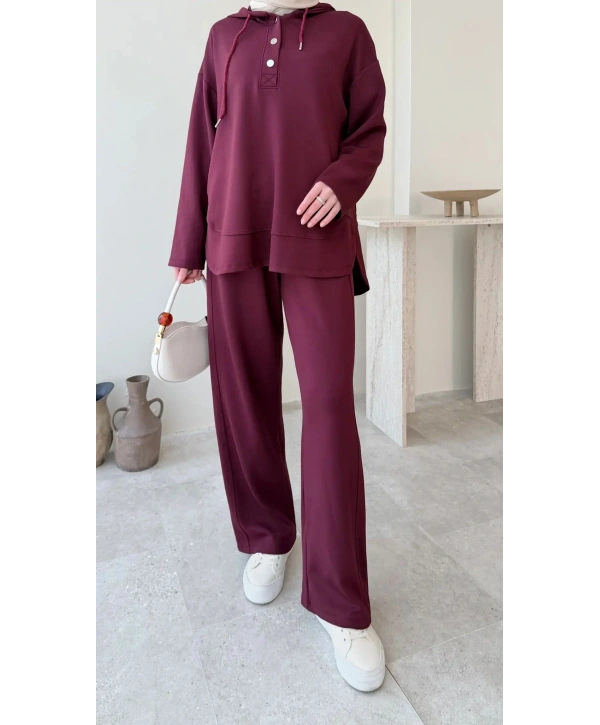 Çıtçıt Düğmeli Kapüşonlu Rahat Spor Takım - Bordo