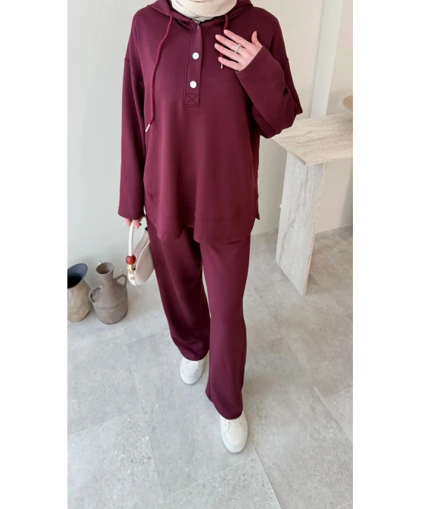 Çıtçıt Düğmeli Kapüşonlu Rahat Spor Takım - Bordo