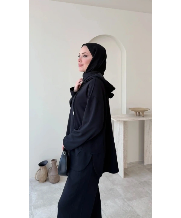 Çıtçıt Düğmeli Kapüşonlu Rahat Spor Takım - Siyah