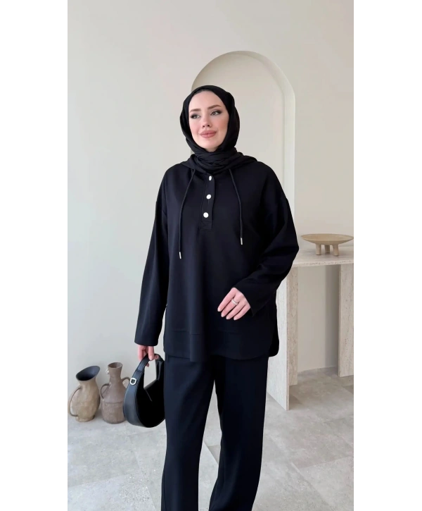 Çıtçıt Düğmeli Kapüşonlu Rahat Spor Takım - Siyah