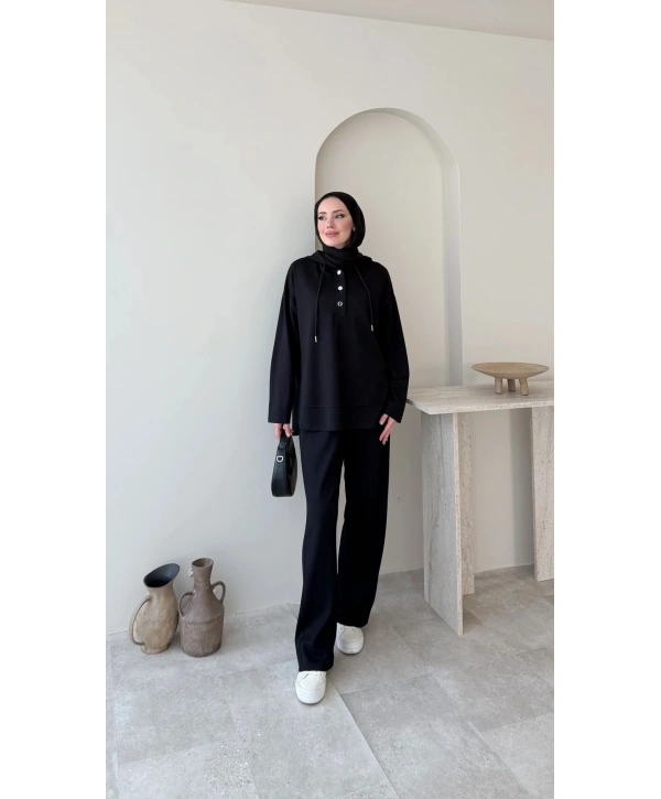 Çıtçıt Düğmeli Kapüşonlu Rahat Spor Takım - Siyah