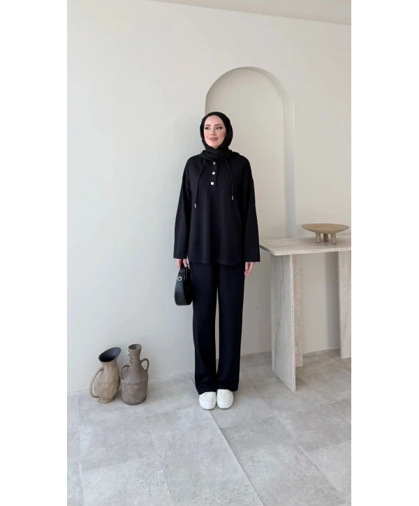 Çıtçıt Düğmeli Kapüşonlu Rahat Spor Takım - Siyah