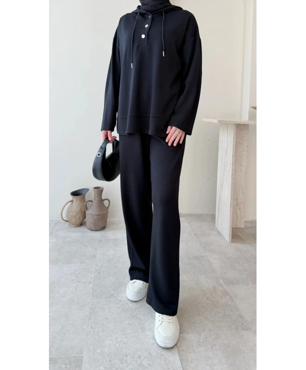 Çıtçıt Düğmeli Kapüşonlu Rahat Spor Takım - Siyah