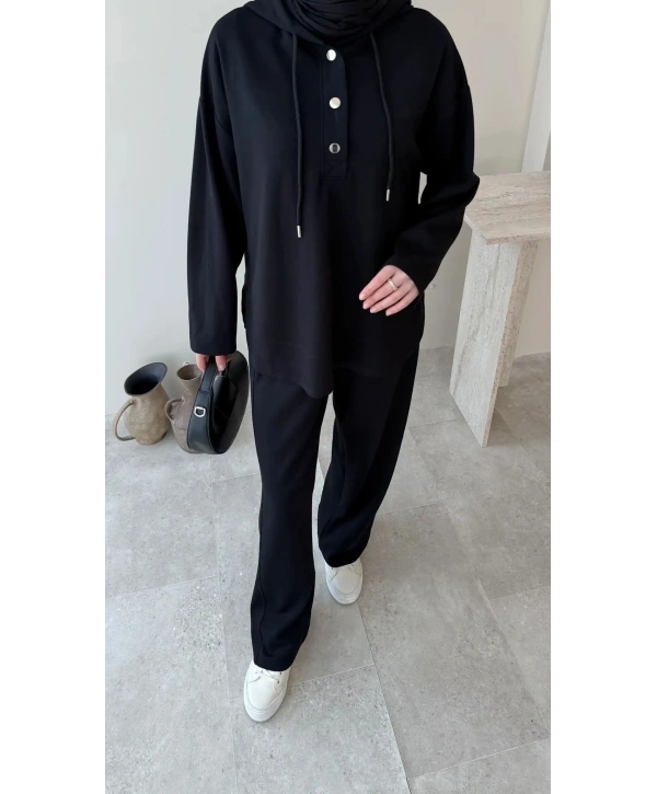 Çıtçıt Düğmeli Kapüşonlu Rahat Spor Takım - Siyah