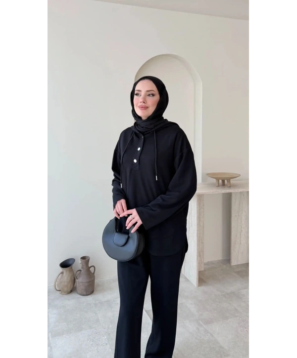 Çıtçıt Düğmeli Kapüşonlu Rahat Spor Takım - Siyah