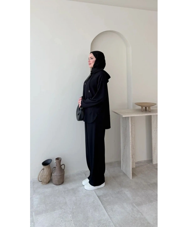 Çıtçıt Düğmeli Kapüşonlu Rahat Spor Takım - Siyah