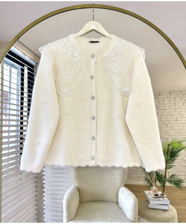 Dantel Yaka Angora Hırka - Beyaz