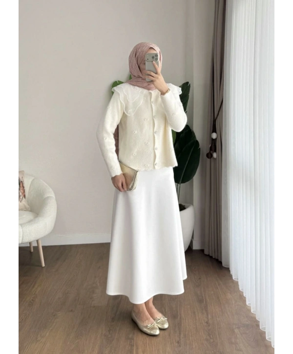 Dantel Yaka Angora Hırka - Beyaz