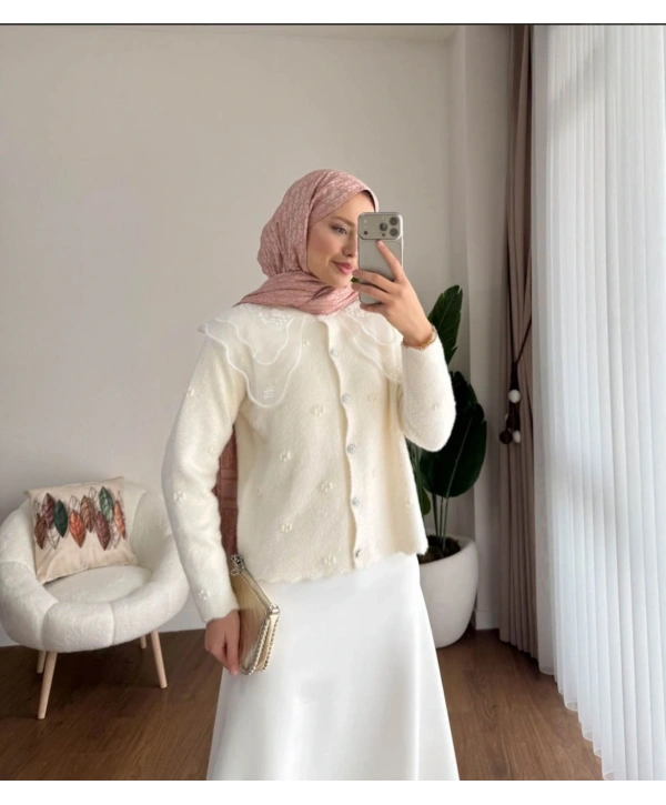Dantel Yaka Angora Hırka - Beyaz