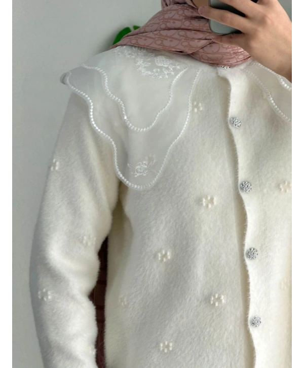Dantel Yaka Angora Hırka - Beyaz