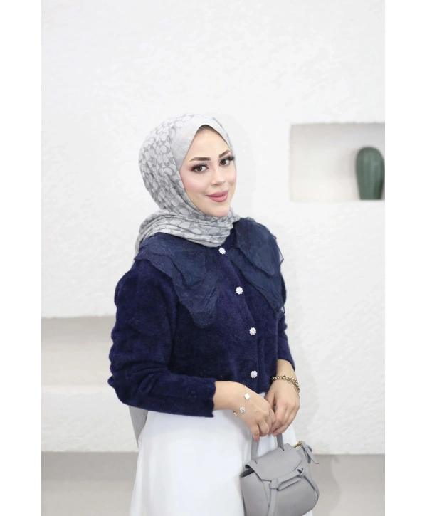 Dantel Yaka Angora Hırka - Lacivert